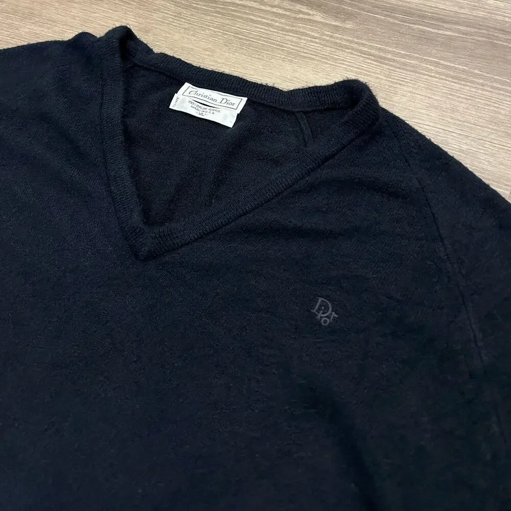 Vintage Christian‎ Dior V Neck Sweater Navy Minimakist Logo Knit XL USA